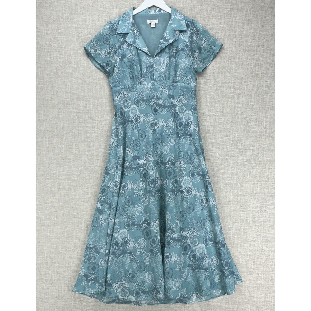 Christopher & Banks Dress Womens 8 Green Blue Floral A-Line Collared Lined Teal
